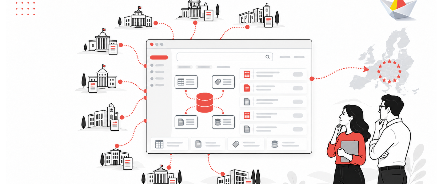 Illustration: Greek public bodies feeding datasets into a CKAN-based national data portal, with harvesting to the European Data Portal and the CKAN paper boat logo