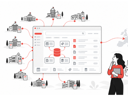 Illustration: Greek public bodies feeding datasets into a CKAN-based national data portal, with harvesting to the European Data Portal and the CKAN paper boat logo